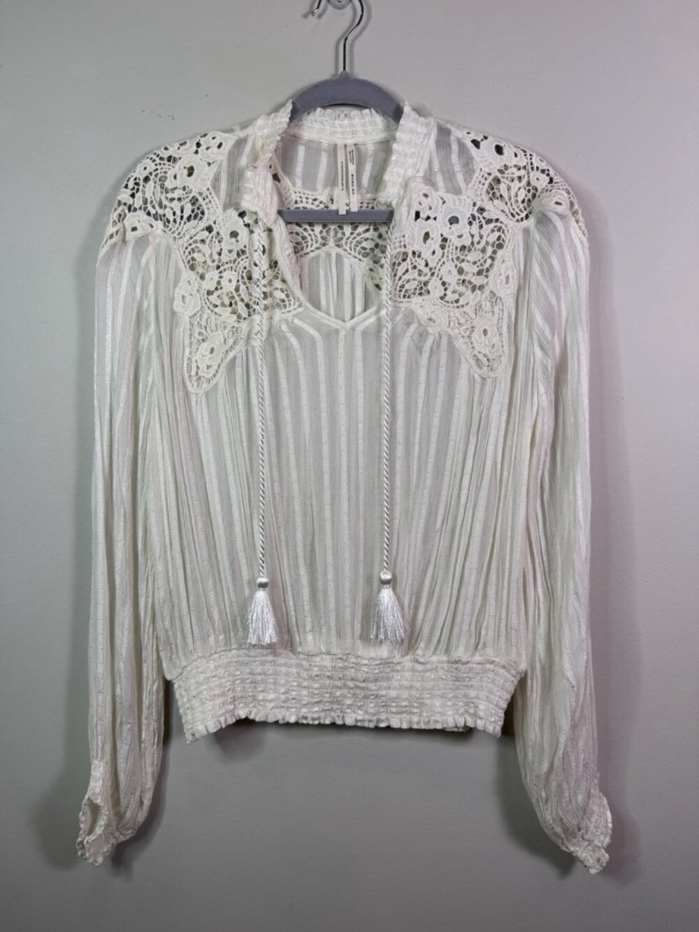 Anthropologie Moira Peasant Boho Smocked V Neck Blouse Shirt White Size 10